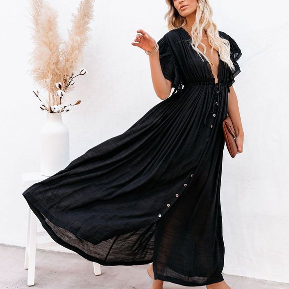 New Bohemian Long Black Gauze Maxi Summer Dress - Picture 5 of 6